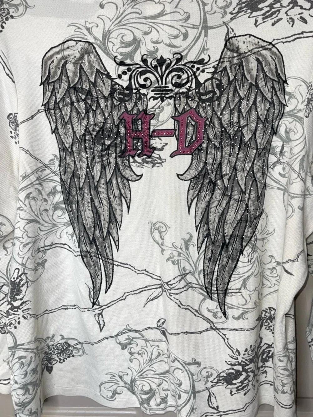 Harley-Davidson White 3/4 Sleeve Tee with Rhinestones and Wings Sz 2X - Picture 6 of 8